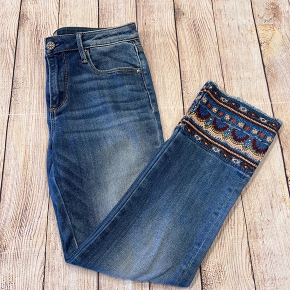 DRIFTWOOD Denim - Driftwood Colette Embroidered Cuff Jeans Womens 26 Medium Wash Raw Hem Cropped
